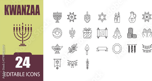Celebratory Icons of Kwanzaa and Hanukkah Featuring Cultural Symbols for Festive Holiday Season Representation with Candlesticks and Celebration Decorations for Web and Print