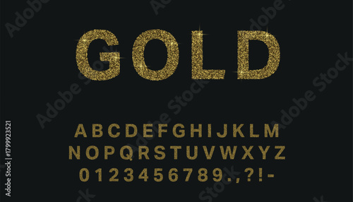 Sparkling gold glitter font with shimmering textured letters