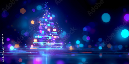 Futuristic Digital Christmas Tree Design with Neon Light and Bokeh Effect