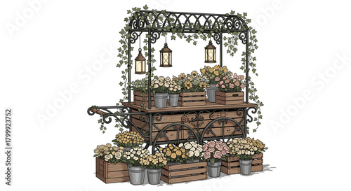 Elegant Floral Cart Display with Blossoming Flowers and Decorative Accents