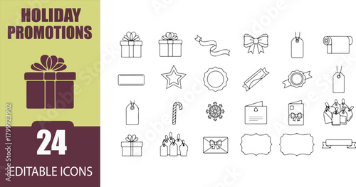 Holiday Promotions Editable Icons Collection with Gift Boxes Ribbons and Festive Elements for Festive Season Marketing Campaigns and Designs