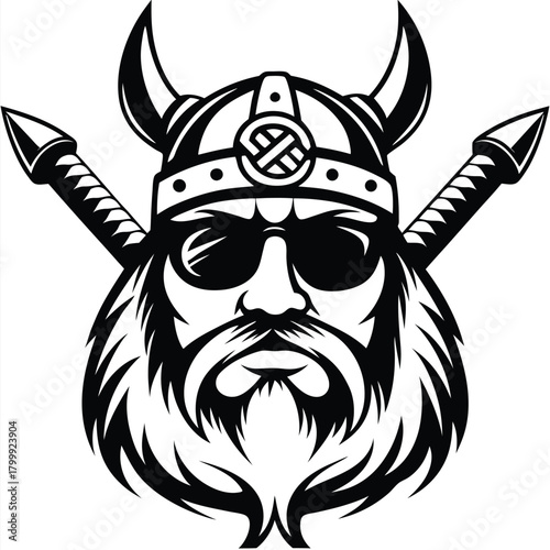 Intimidating Viking warrior with horned helmet and sunglasses stands with crossed spears behind him