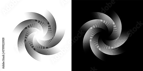 Spiral with lines as dynamic abstract vector background or logo or icon. Yin and Yang symbol. Black spiral on white background and white spiral on black background.