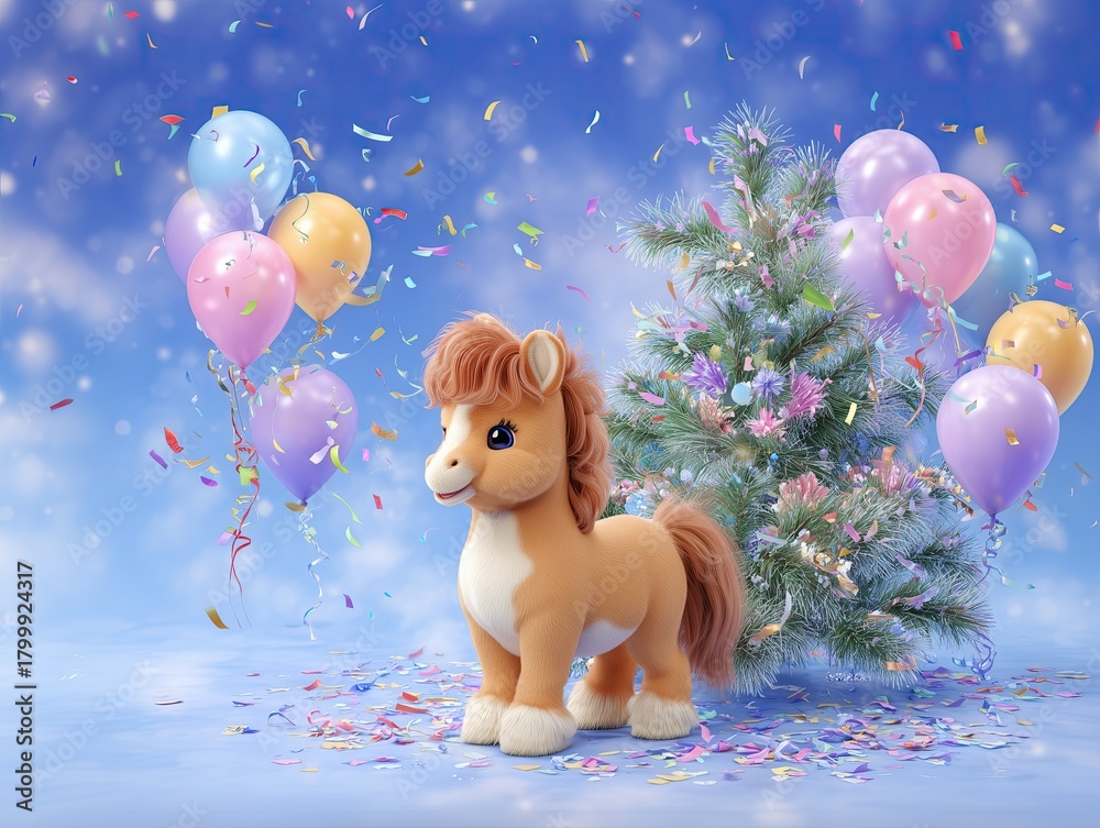 Obraz premium Colorful celebration scene featuring a plush horse next to a festive tree with balloons and confetti in a playful and cheerful setting