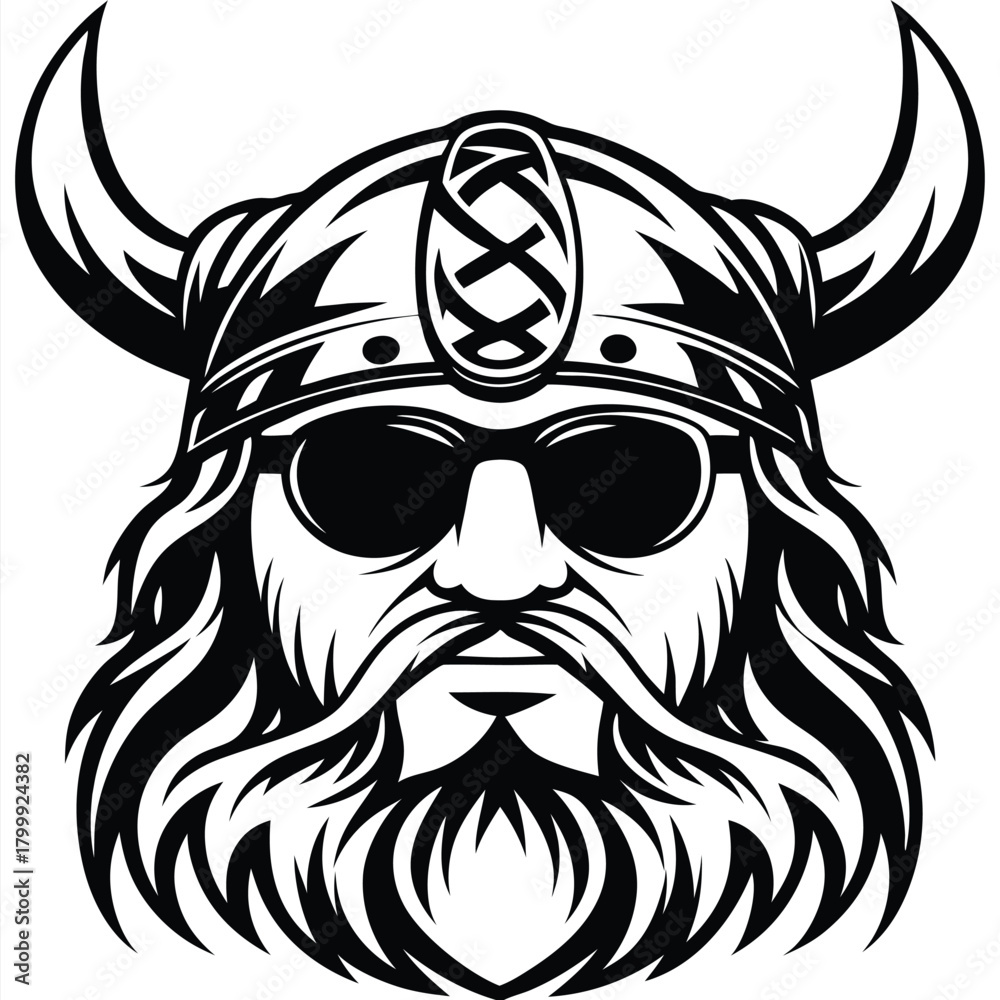 Fototapeta premium Monochrome viking head with beard wearing horned helmet and sunglasses in black and white