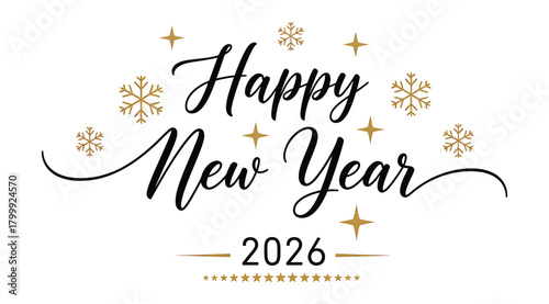 Happy new year 2026 text with snowflakes and stars, isolated on