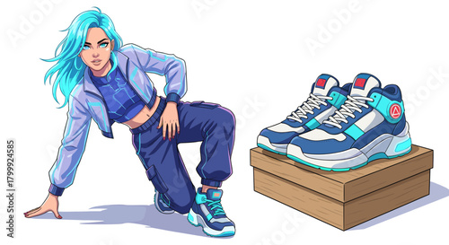 Street Style Fashion Confident Woman and Modern Sneakers Illustration