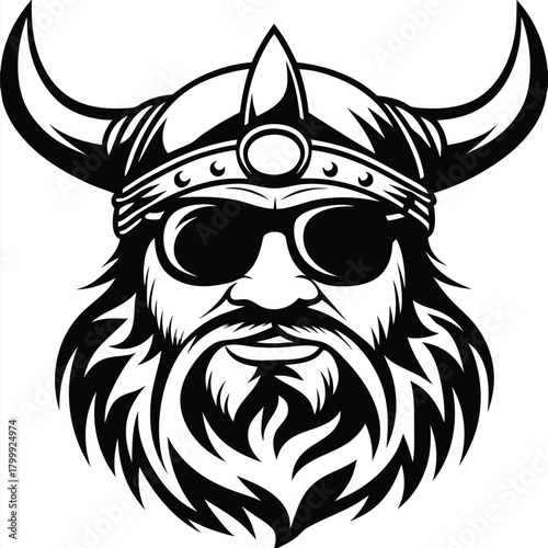 Monochrome Viking portrait shows a bearded warrior wearing horned helmet and sunglasses for a distinctive look