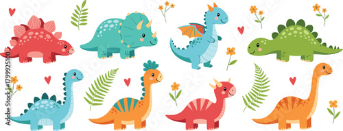 Cute dinosaur vector set with smiling cartoon prehistoric animals, baby dino characters, flowers and leaves for kids Jurassic design