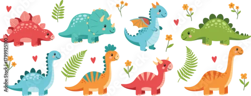 Obraz Cute dinosaur vector set with smiling cartoon prehistoric animals, baby dino characters, flowers and leaves for kids Jurassic design