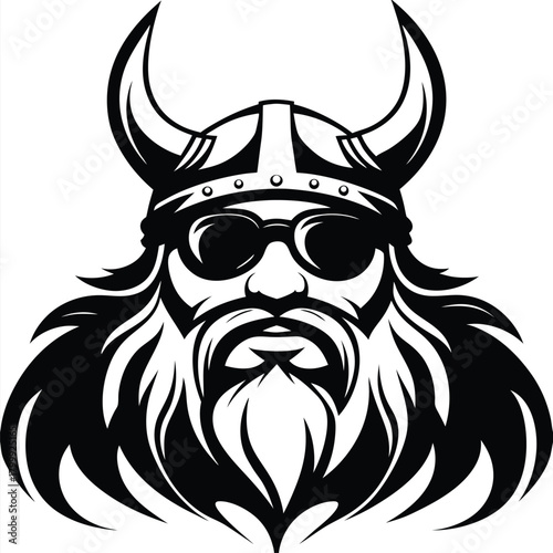Intimidating Viking warrior with horned helmet and sunglasses emanates power and mystery in vector