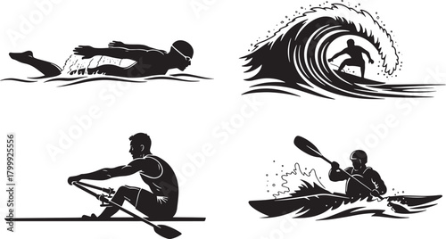Various aquatic sports icons set of swimming surfing rowing and kayaking vector