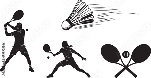 Badminton Tennis Players Shuttlecock Vector Silhouettes on Transparent Background Set