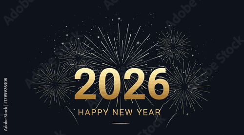 Golden 2026 happy new year text with fireworks on a dark blue background, celebrating the upcoming year with a festive and celebratory atmosphere