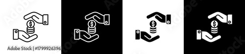 Loan icon set in line and glyph style on black and white background
