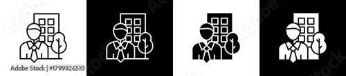 Corporation icon set in line and glyph style on black and white background