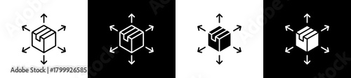 Distribution icon set in line and glyph style on black and white background