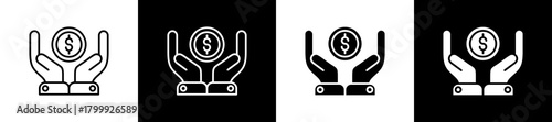 Capital icon set in line and glyph style on black and white background