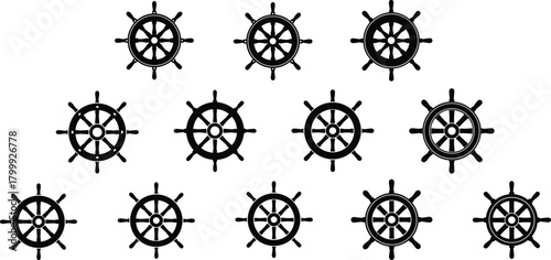 Collection of nautical ship wheel silhouettes showcasing marine steering icons, maritime navigation symbols, sailing helm illustrations, and ocean-themed vector elements in clean black design