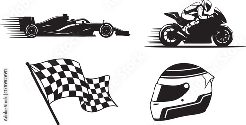 Set of Motor Sport Vehicle Racing Flag Helmet Vector on Transparent Background