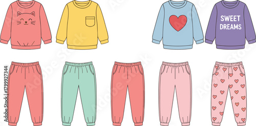Cute kids pajama set vector with cozy tops and pants, heart and cat designs, comfy loungewear and sleepwear outfits for children