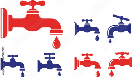 Collection of colorful dripping water faucets in bold red and blue designs, perfect for plumbing conservation concepts, utility icons, leak awareness graphics, cad drawing flat vector illustration