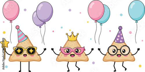 Cute Purim hamantaschen clipart, Kawaii party cookies with balloons, crowns, glasses, stickers for Jewish holiday crafts and decor