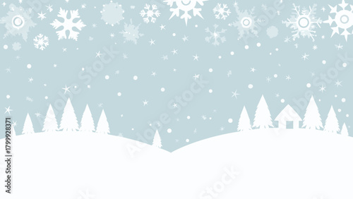 Winter scene with snowflakes falling over snow covered hills and evergreen trees and a house visible