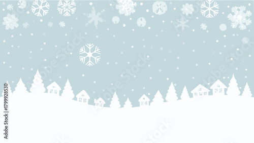 Winter scene with snowflakes falling over trees and houses against a light blue background landscape