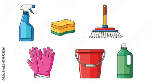 Collection of cleaning equipment isolated on