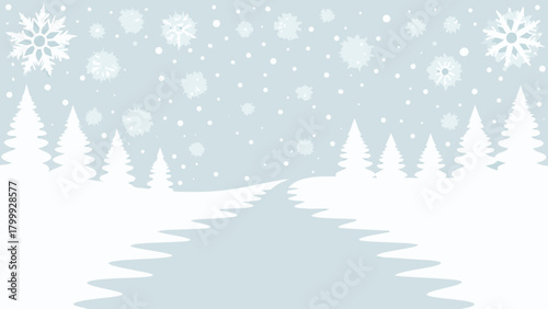 Winter scene with white trees and snowflakes falling on a snowy landscape creating a peaceful atmosphere