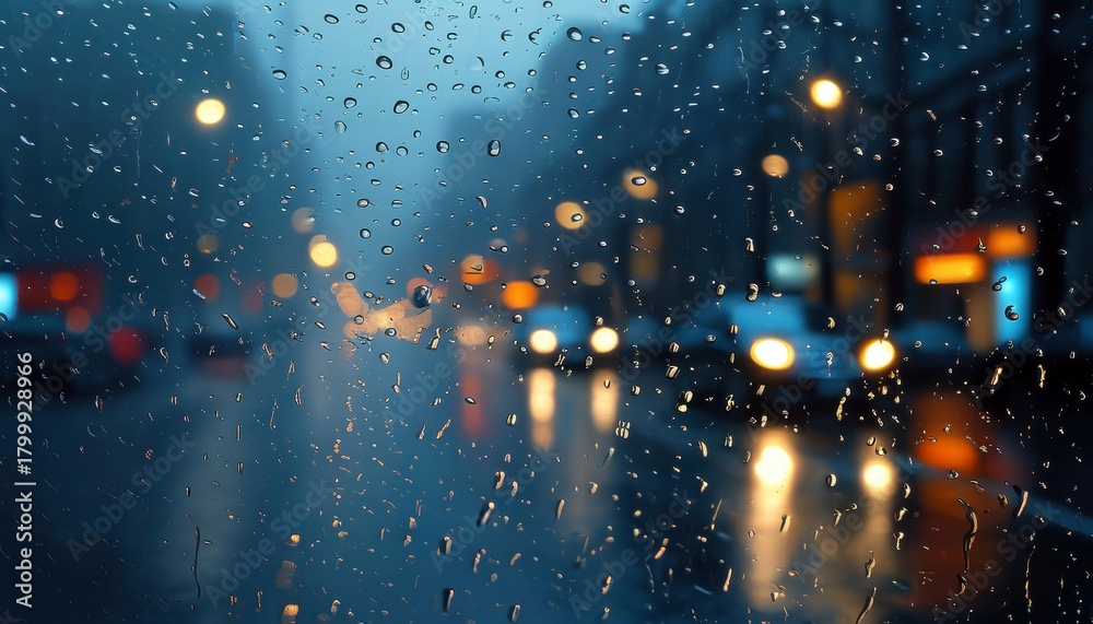 Obraz premium Rainy urban evening with cars seen through raindrop-covered window with copy space