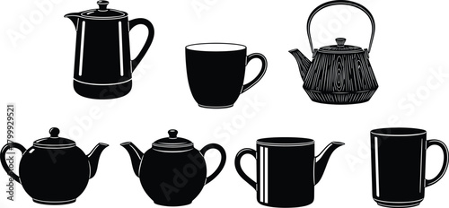 Collection of classic teapots, coffee pots, and mugs in elegant black silhouette style for kitchen design, beverage branding, cafe artwork, and product illustration, 