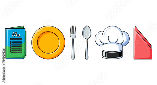 Restaurant icons on, including a menu, plate, and chefs hat