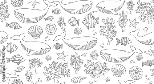 Seamless pattern with whales, shells, corals, and fish isolated on