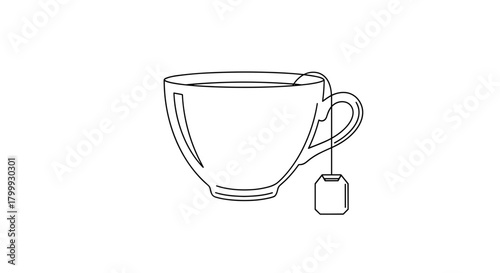 A cup of tea with a tea bag isolated on hand drawn outline