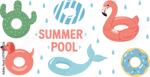 Cute summer pool float vector set with flamingo, cactus, dog, mermaid tail and donut swimming rings for fun water activities