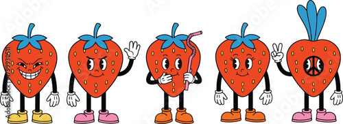 Cute strawberry character vector set with funny fruit mascots, playful faces, peace sign and cartoon food characters for kids design