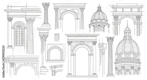 Architectural sketches of classical buildings and elements isolated on
