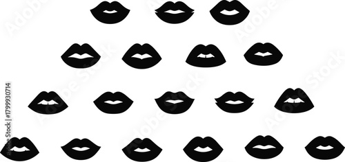 Collection of expressive black lip silhouettes showing various mouth shapes and emotions for beauty design, makeup graphics, fashion artwork, icons, and branding, cad drawing flat vector illustration