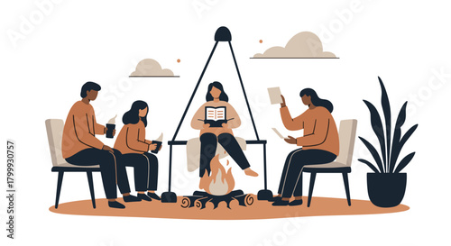Diverse group gathers around a warm campfire for storytelling and shared learning, fostering connection and community
