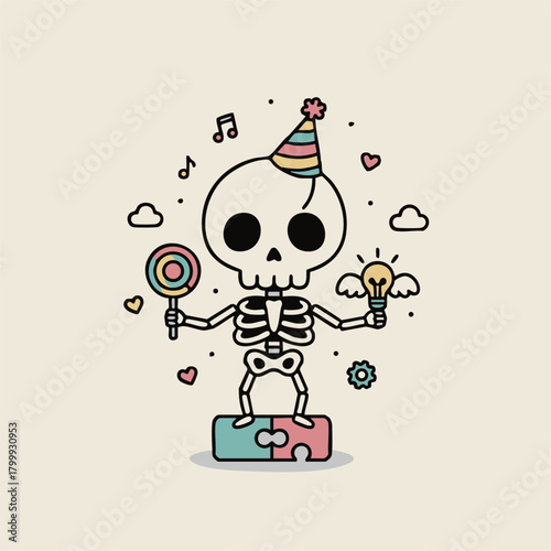 パズルピースの上に立つ、遊び心あふれるパステルカラーのハロウィンマスコット