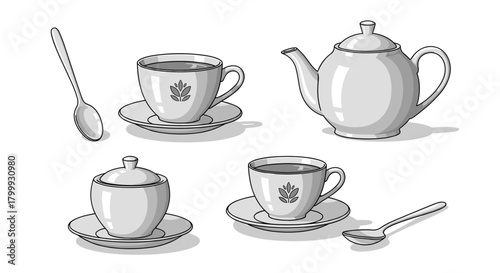Tea set with teapot, cups, saucers, sugar bowl, and spoons isolated on