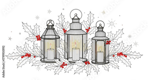 Christmas lanterns with holly berries and leaves isolated on