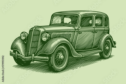 Neon Retro Vintage Car Poster — Vintage Xerography Engraving Style Classic Automobile Illustration in Green Tonal Retro Aesthetic