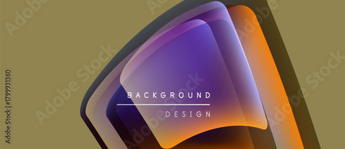 Abstract layers create vibrant design. Orange, purple hues blend with gold backdrop. Text reads background design. Modern, sleek presentation.