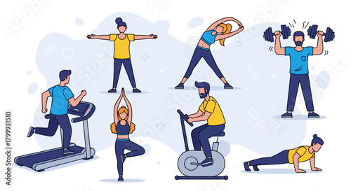 People doing sport and fitness exercises isolated on vector design