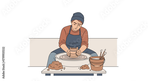 Focused artisan skillfully shaping clay on a pottery wheel creating beautiful ceramic art in a creative studio environment