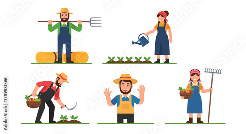 Set of farmers isolated on, agriculture workers cartoon characters