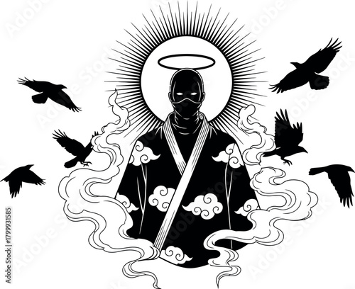 Ninja or Assassin in Cloud Pattern Kimono with Halo and Sunburst Surrounded by Crows in Mystical Smoke, Japanese Streetwear Vector Illustration.